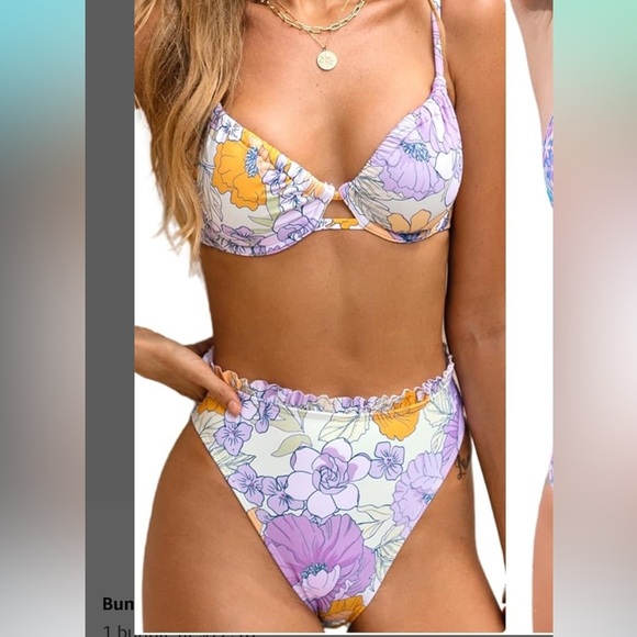 NWT! Cupshe Purple Floral Underwire High Waisted Cheeky Bikini Set M swimsuit - Picture 1 of 8